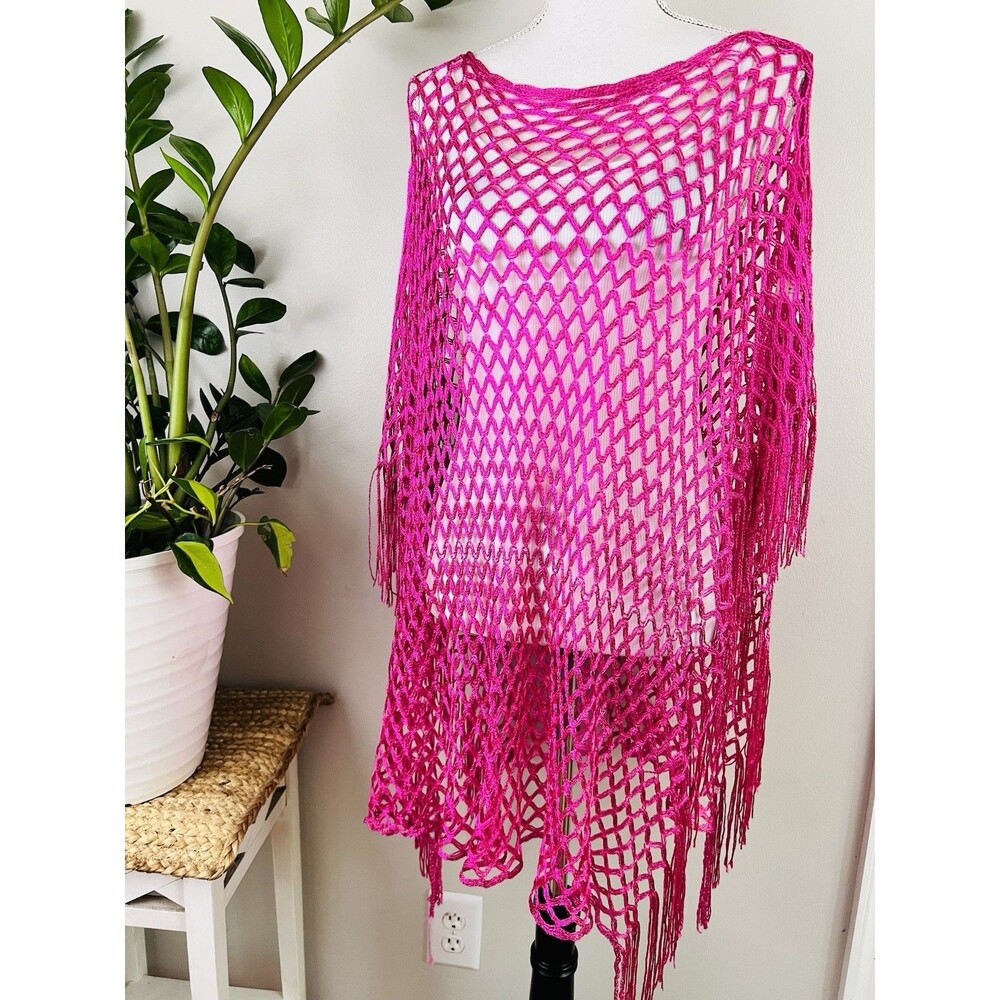 Hot Pink Fishnet Open Knit Swimsuit Cover up Beach Resort Wear *Barbiecore* OS